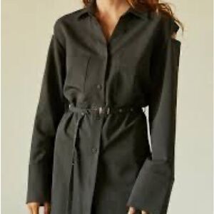 NWT CRESCENT shoulder slit Belted Button Charcoal Top Sz L